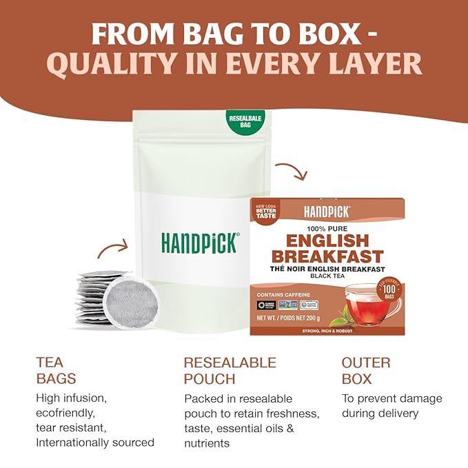 HANDPICK, Organic English Breakfast Black Tea Bags (100 Count) USDA Organic, Non-GMO | Strong, Robust, High-Caffeine Black Tea | Eco-conscious Tea Bags, Brew English Breakfast Tea & Kombucha Tea - Bloomnest