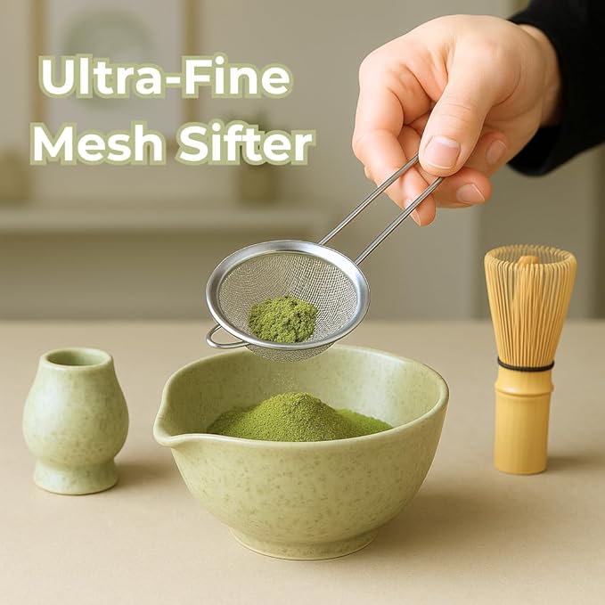 Dreizehn Matcha Whisk Set – 5 Piece Matcha Kit with Bowl, Whisk, Scoop, Sifter & Jar – Japanese Style Tea Set for Making Smooth and Frothy Matcha Green Tea at Home or as a Gift, Mottled Green - Bloomnest