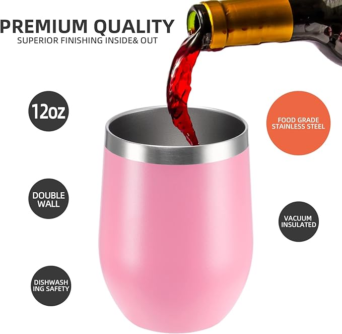 12 oz Insulated Wine Tumbler with Lid and Straw,Stainless Steel Stemless Wine Tumbler Glasses 16 Packs Double Wall Vacuum Wine Cups Tumbler Bulk for Champaign,Beer,Cocktail,Office,16 Colors - Bloomnest