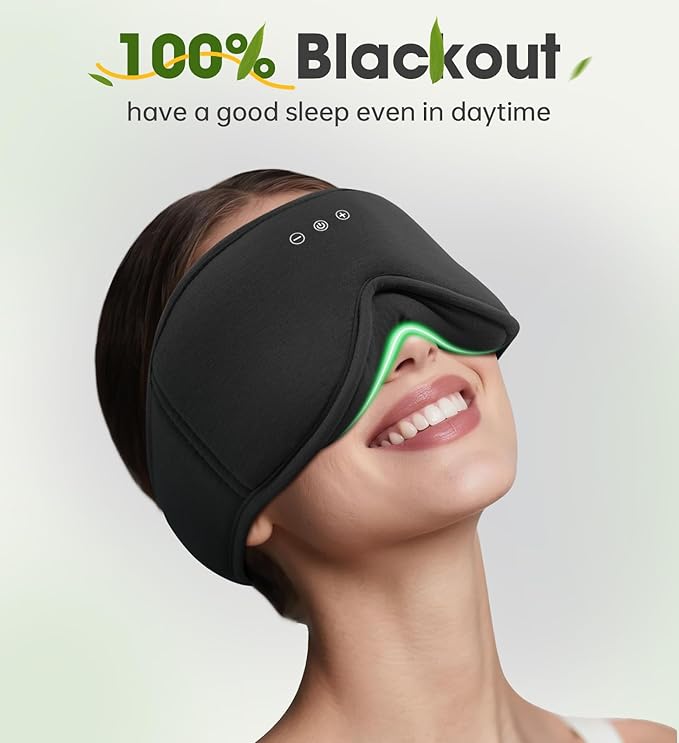 Bamboo Cotton Sleep Mask with Bluetooth Wireless Headphones - Blackout Eye Mask for Sleeping 3D Contoured Sleep Headband Ear Muffs Lengthen & Low Noise Hook for Better Experience (Black) - Bloomnest
