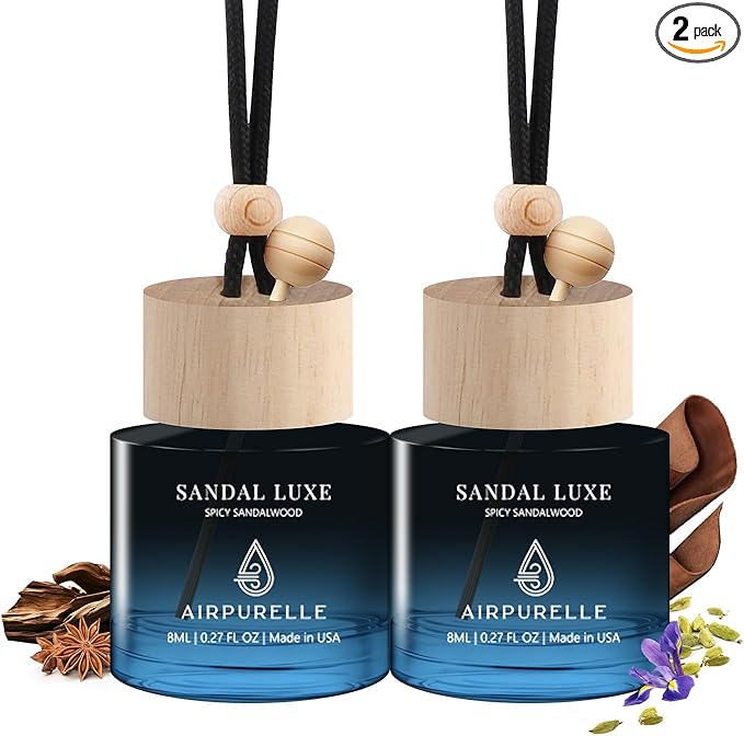 Car Air Freshener Hanging 2 Pack Car Air Fresheners Diffuser - Spicy Sandalwood Fragrance Oil Air Diffuser for Car, 45+ days Long Lasting Fragrance, Two 0.27 FL OZ/8ML Made in USA Car Air Fresheners - Bloomnest