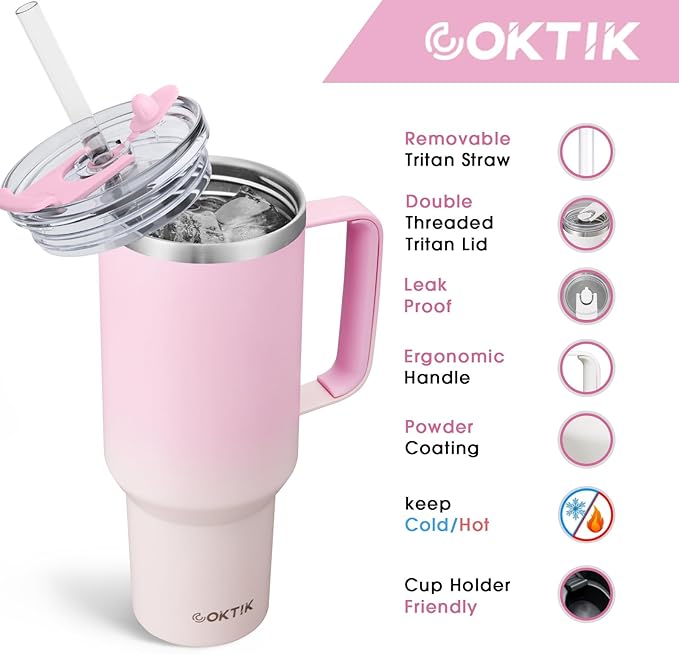 COKTIK 40 oz Tumbler With Handle and Straw Lid, Vacuum Insulated Travel Coffee Mug Stainless Steel Insulated Cup for Beverages, Leak-proof, Cupholder Friendly (Sakura) - Bloomnest