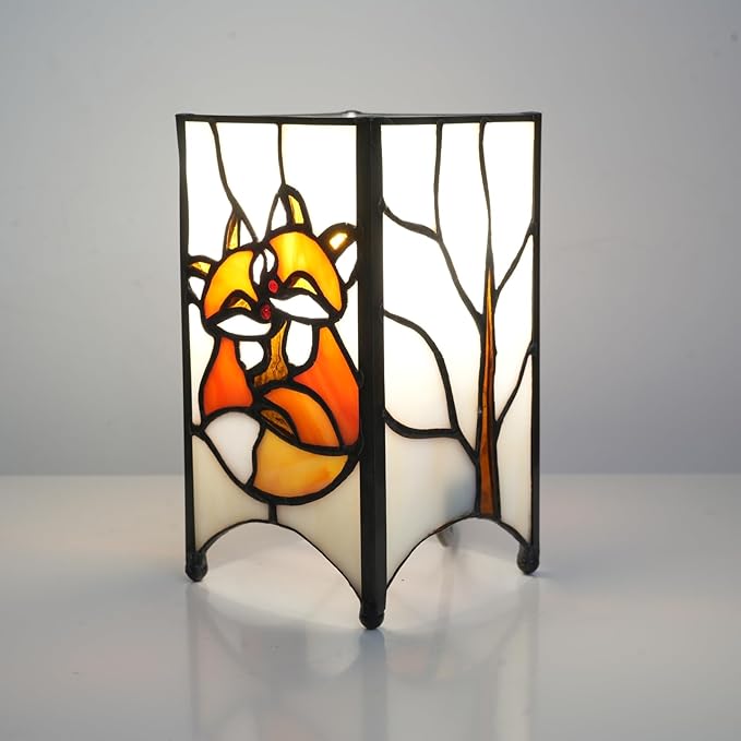 Tiffany Lamp Orange Stained Glass Table Lamp Small Foxes Animal Night Light Mini Retro Bedside Table Light for Home Decor Boys Girls Christmas Halloween Gifts - Bloomnest