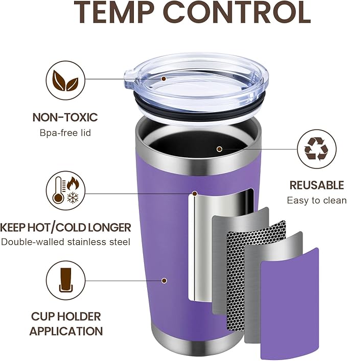 MEWAY 20oz Tumbler 8 Pack Double Wall Vacuum Insulated Travel Mug Bulk, Stainless Steel Tumblers with Lid and Straw, Durable Powder Coated Coffee Cups for Cold & Hot Drinks (Purple, 8) - Bloomnest