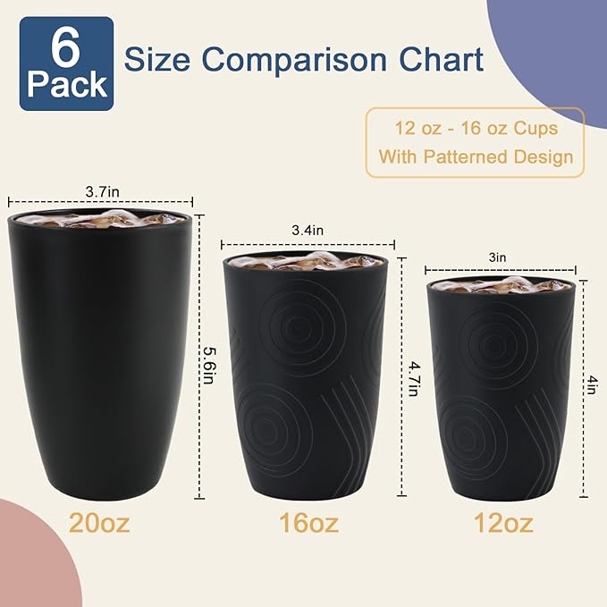 Wheat Straw Cups 6 Pcs 16 OZ Plastic Cup, Unbreakable Drinking Glasses, Lightweight Cup Set for Kitchen, Alternative to Plastic Cups Reusable Dishwasher Safe (Black) - Bloomnest
