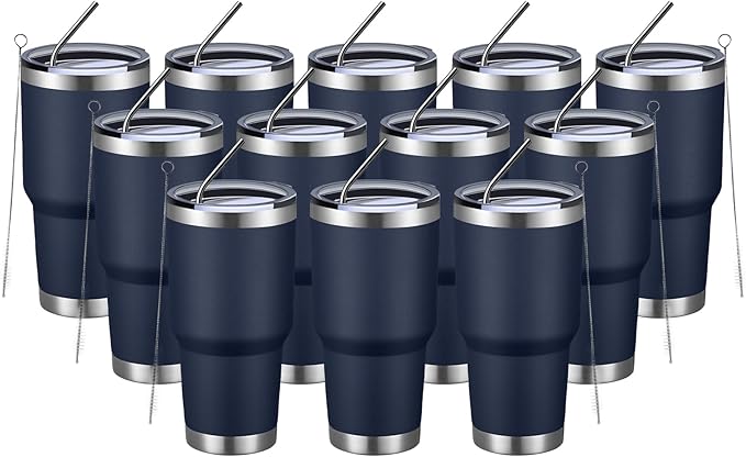 MEWAY 30oz Insulated Tumbler With Lids and Straws,Stainless Steel Double Vacuum Coffee Tumbler Cup, Brush, Durable Powder Coated Coffee Cup for Cold & Hot Drinks, Office, Travel(Navy,12 PACK) - Bloomnest