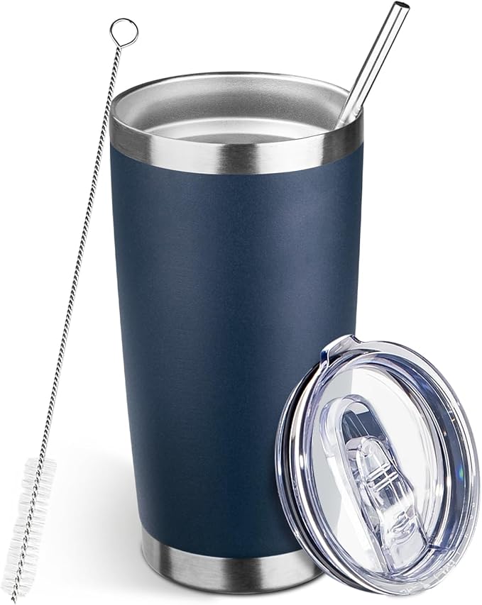 20oz Tumbler Bulk with Lid and Straw, Stainless Steel Double Wall Vacuum Insulated Travel Mug, Powder Coated Coffee Cups for Hot and Cold Drinks,Funny Gifts for Women Men(Navy Blue,1) - Bloomnest