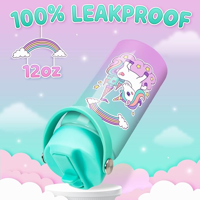 Unicorn Water Bottle - Kids Water Bottle with Straw Lid - 12 Oz Insulated Stainless Steel Ocean Water Bottles for Kid Girl- Travel Cup for School Sports - Bloomnest