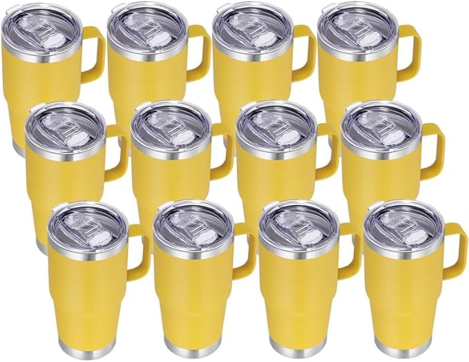 VEGOND 20 oz Tumbler Bulk with Handle Lid and Straw, Stainless Steel Insulated Travel Coffee Mug Set, Spill Proof Double Wall Metal Tumblers Cups, Powder Yellow 12 Pack - Bloomnest