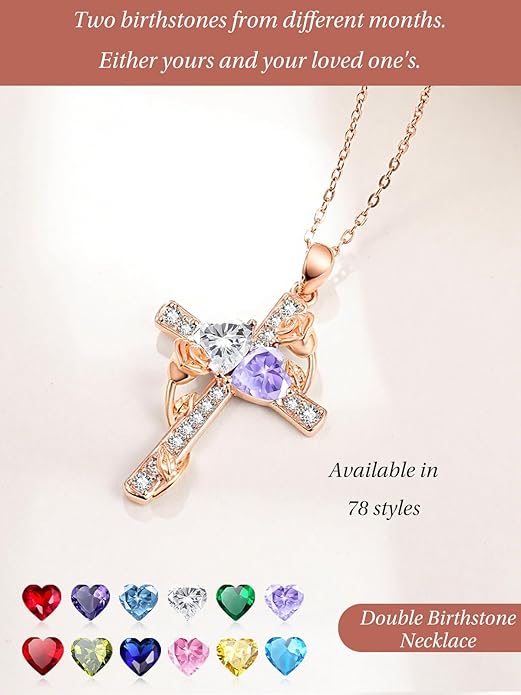 Rose Gold Dual Birthstones Cross Necklace for Women Rose Flower Jewelry Anniversary Christmas Mother's Valentine's Day Birthday Gift for Wife Girlfriend Mom - Bloomnest