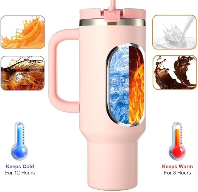 Stainless Steel Insulated Tumbler with Handle Lid and Straw, 40oz Keeps Drinks Cold for 12 Hours or hot for 8 Hours, Vacuum Insulated Water/Coffee/Tea Bottle for Home/Office/Car/Travel-Gift - Bloomnest