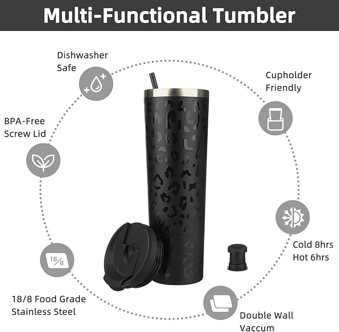 BJPKPK 34oz Insulated Tumbler With lid And Straw Stainless Steel Tumblers Travel Coffee Mug Reusable Thermal Cup,Black Leopard - Bloomnest