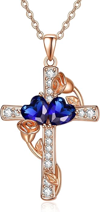 Rose Gold Dual Birthstones Cross Necklace for Women Rose Flower Jewelry Anniversary Christmas Mother's Valentine's Day Birthday Gift for Wife Girlfriend Mom - Bloomnest