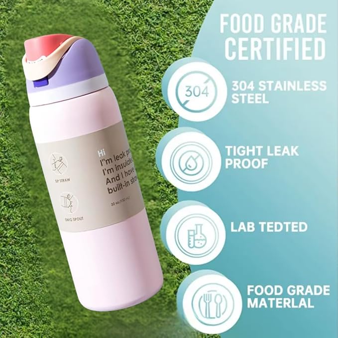 DUTHINGS Insulated Stainless Steel Water Bottle with Straw, 32 oz, Reusable Sports and Travel Bottle for School, Kids, and Outdoors - Leakproof and BPA-Free (LIGTH PINK) Bloomnest