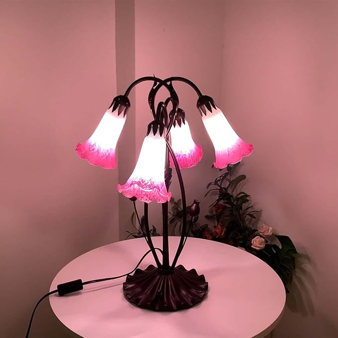 Bieye L10848 Lily Flower Blown Glass Accent Table Lamp for Living Room Bedroom Decoration (4-Light, Pink) - Bloomnest