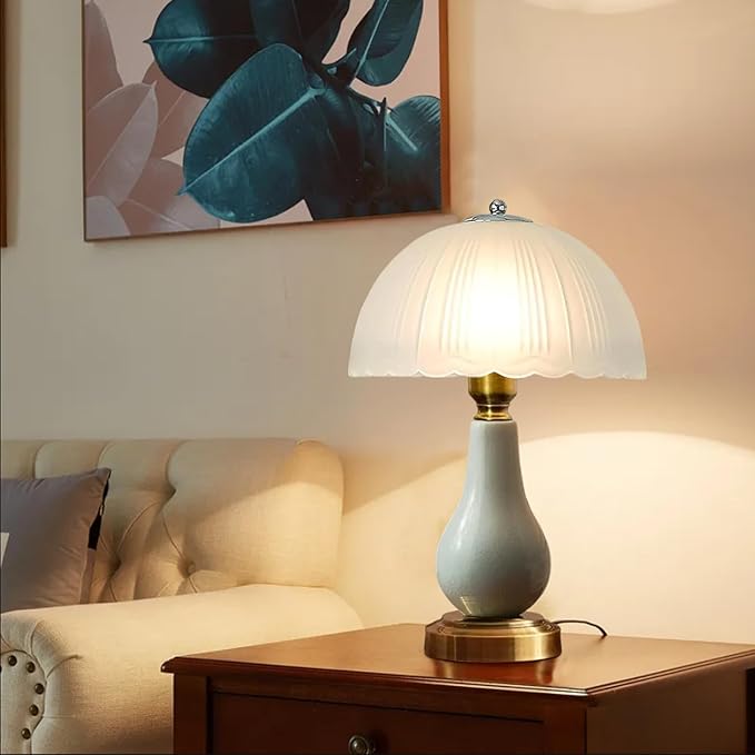 Large Table Light 3 Color Adjustable Ceramic Lamp Vintage Nightstand Lamps Dimmable Bedside Table Lamps for Living Room Bedroom Home Office (Cyan) - Bloomnest