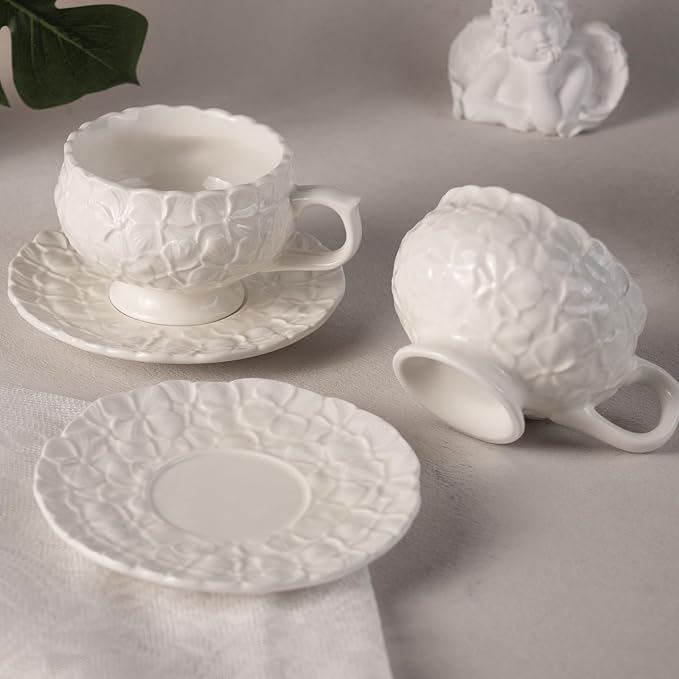 KAMMAK Tea Cups and Saucers Set of 2, Porcelain Coffee Cups, 8.5-Ounce Stackable Espresso Mugs, Ceramic Demitasse for Coffee, Latte, Americano, Tea, White Flower - Bloomnest