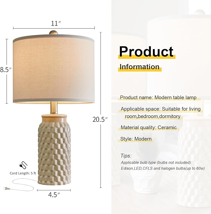 20.5" Modern Ceramic Bedside Lamp Set of 2 for Bedroom Decor Farmhouse Table Lamp for Living Room Office Dorm - Bloomnest