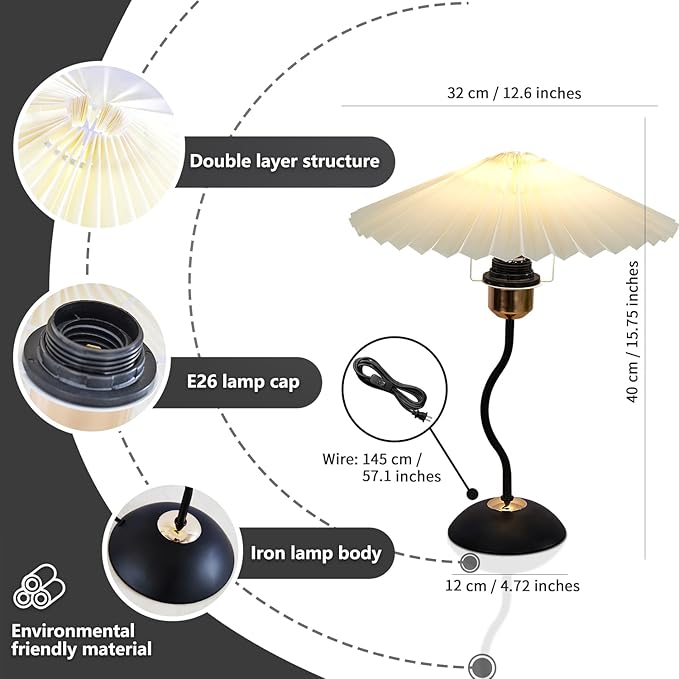 Arts Bedside Table Lamp for Bedroom, Cute Small Pleated Lamps for Nightstand, Vintage Lamp with Umbrella Shade, Decor Desk Reading Lamps for Living Room Kids Room Dorm Office with E26 LED Bulb - Bloomnest