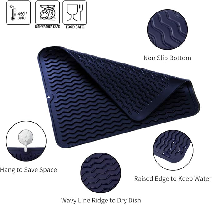 Silicone Dish Drying Mat for Multiple Usage,Easy clean,Eco-friendly,Heat-resistant Silicone Mat for Kitchen Counter or Sink,Refrigerator or drawer liner Navy Blue L 16 inches x 12 inches - Bloomnest