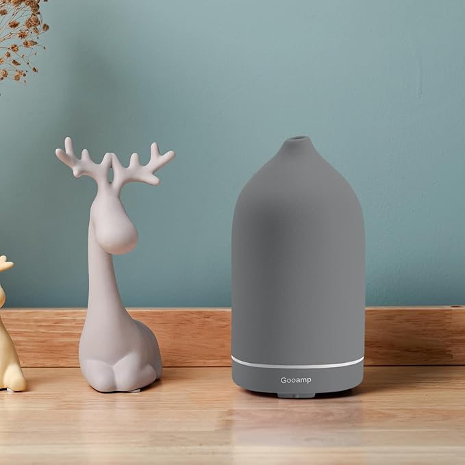 200ML Ceramic Essential Oil Diffuser - Ultrasonic Aromatherapy & Humidifier with 7-Color LED Lights, Auto Shut-Off, Grey, 1H/3H/6H Timer | Scent for Home,Office,Yoga - Bloomnest
