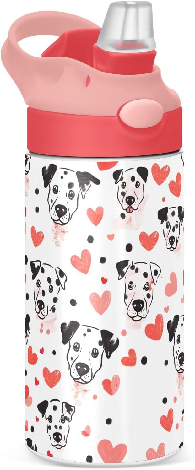 Love Dalmatian Dog Kids Insulated Water Bottle, Toddlers Tumbler Travel Cup with Straw & Handle Stainless Steel Cup for Travel School Girls 12 oz - Bloomnest