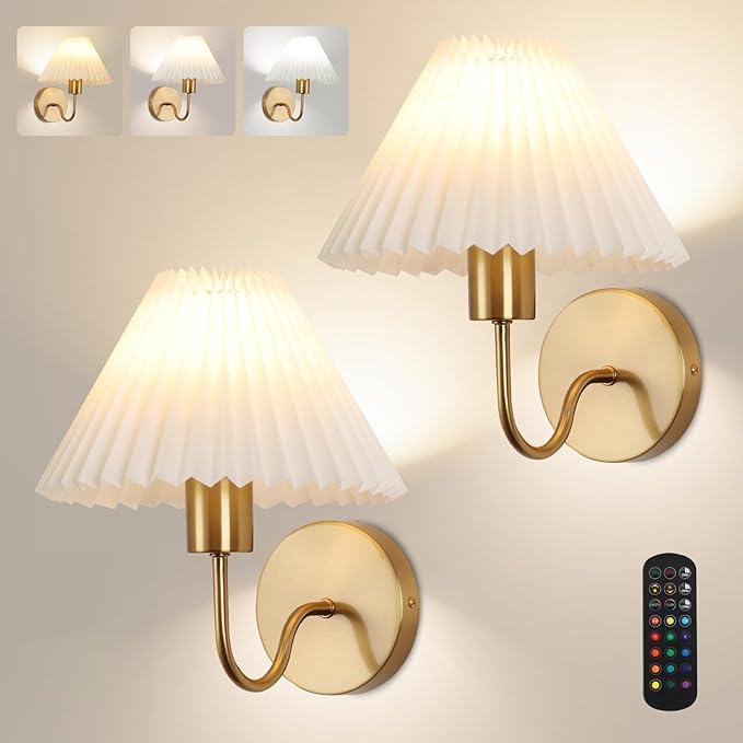 Wireless Wall Sconce Sets of 2, Pleated Shades Rechargeable Battery Operated Wall Sconce, Retro gooseneck Gold Wall Lights Bathroom Vanity Sconces, Wall Mounted Lamps for Bedroom Living Room Kitchen - Bloomnest