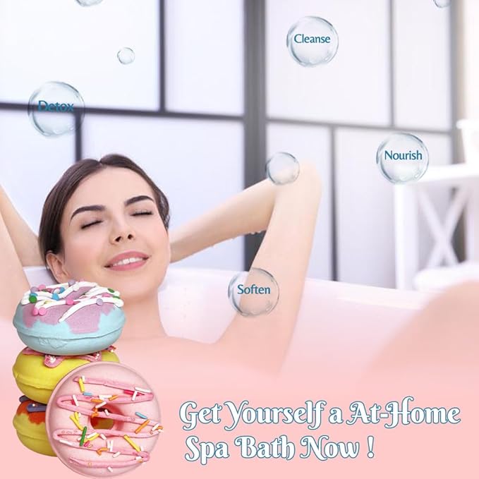 KAV Donut Bath Bombs Gift Set – 4 Piece Handmade Organic Bath Bomb Kit with Essential Oils – Relaxation Spa Gift for Women, Men, Teens, Kids – Self Care & Aromatherapy Soak - Bloomnest