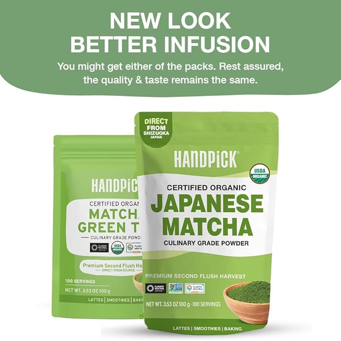 HANDPICK Japanese Organic Matcha Green Tea Powder (100 Servings) - Authentic Premium Second Flush Harvest | Resealable Ziplock Pouch - Bloomnest