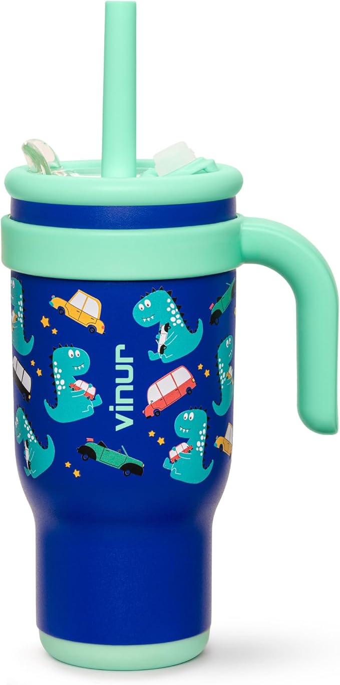 VINUR Kids Tumbler with Handle and Straw Lid |17 oz Stainless Steel Insulated Leak Proof Water Tumbler Mug for Kids Boys Girls 6+| Holder Friendly | Dinosaur - Bloomnest