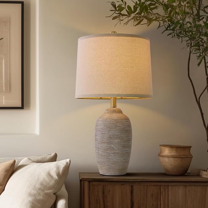 24.5" Handcrafted Ceramic Table Lamp - Single Farmhouse Vintage Rustic Bedside Lighting for Living Room, Bedroom, Entryway | Nightstand & End Table Decor with Linen Shade (Bulb Not Included) - Bloomnest