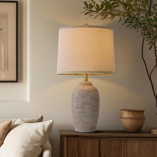 24.5" Handcrafted Ceramic Table Lamp - Single Farmhouse Vintage Rustic Bedside Lighting for Living Room, Bedroom, Entryway | Nightstand & End Table Decor with Linen Shade (Bulb Not Included) - Bloomnest