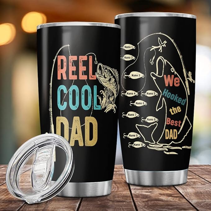 Custom Reel Cool Dad Fishing Papa Grandpa Dad Personalized Tumbler Cup Father's Day Gift, Gift For Dad, Father, Papa, Grandpa 20oz Insulated Coffee/Tea Tumbler with Lid - Bloomnest