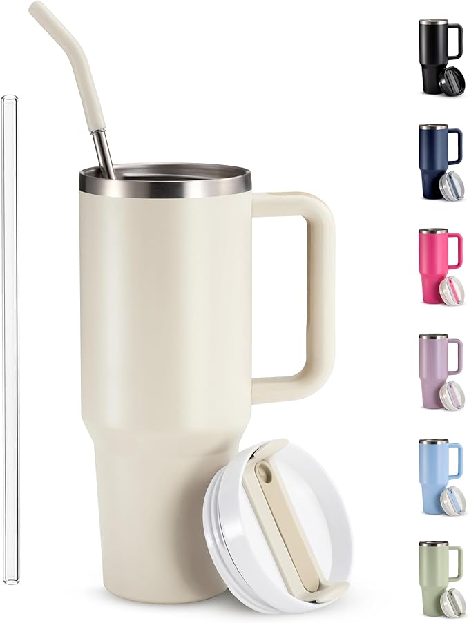 KooK Tumbler with Straw and Handle, 40 Oz, Stainless Steel, Vacuum Insulated Travel Coffee Mug, Reusable Double Walled Water Bottle, Keeps Hot or Cold (Antique White) - Bloomnest