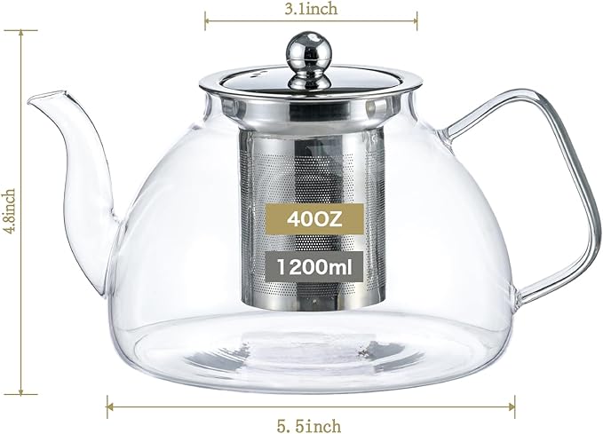 1200 ml/40 oz Glass Teapot with Infuser, Glass Tea Kettle Stovetop，Tea Pot with Infusers for Loose Tea, Tea Maker Gift - Bloomnest