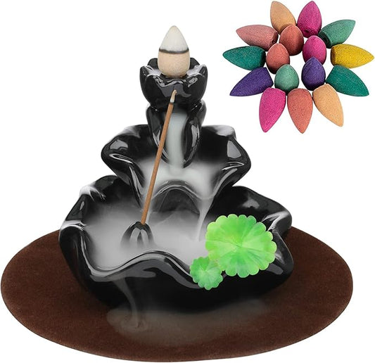 DK177 Incense Holder Waterfall Incense Burner Ceramic Backflow Zen Incense Fountain Machine Diffuser Burner Cone Holder for Spiritual Aromatherapy Gifts Set Home Decor with 20 Cones