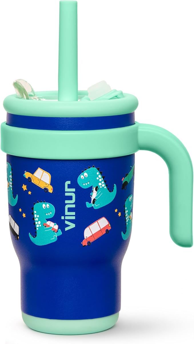 VINUR Kids Tumbler with Handle 14 oz Stainless Steel Double Wall Vacuum Insulated Tumbler with Lid and Straw, Leak Proof Water Cup for Travel (Dinosaur) - Bloomnest