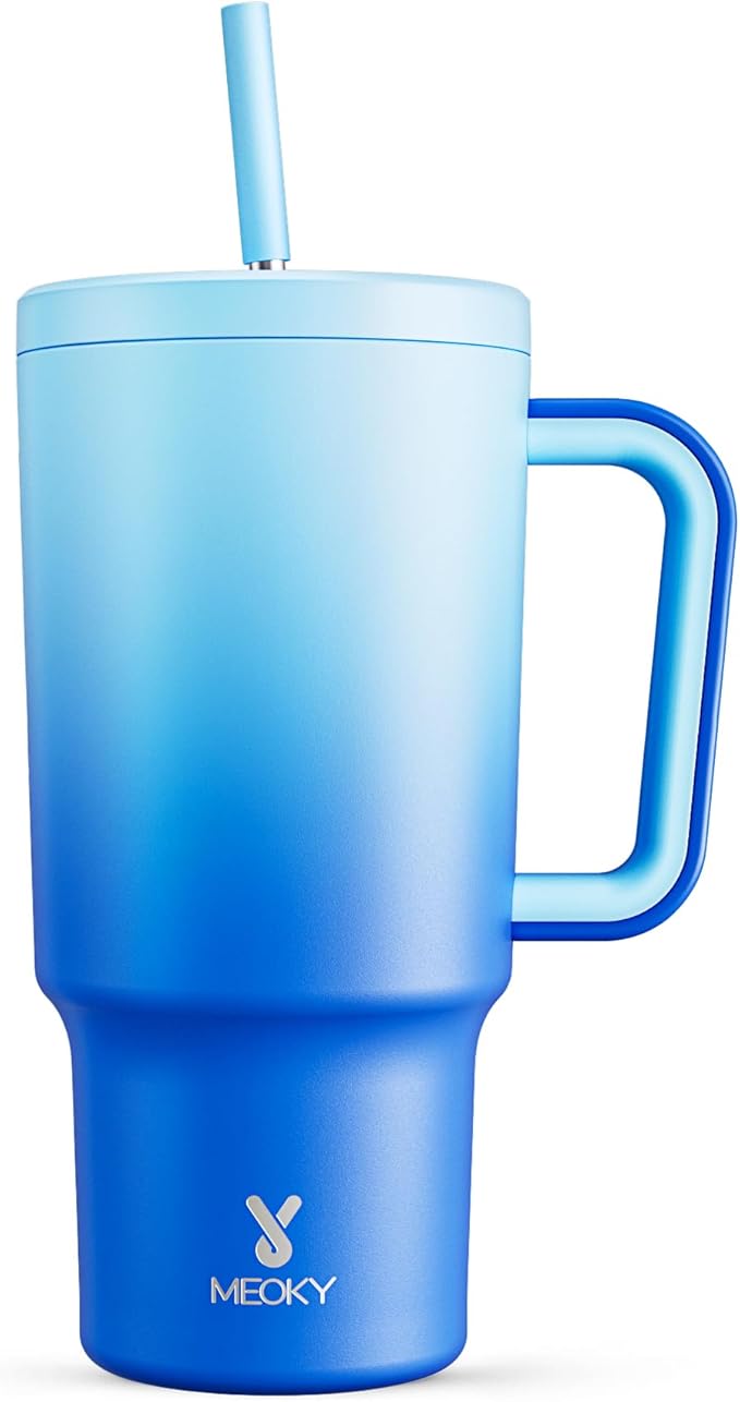 Meoky 30 oz Tumbler with Handle, Tumbler with Lid and Straw, Insulated Stainless Steel Travel Mug, 100% Leak-proof, Cupholder Friendly, Keeps Cold for 24 Hours or Hot for 8 Hours (Sky) - Bloomnest