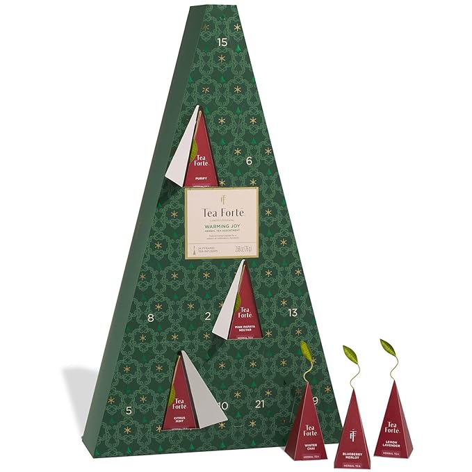 Tea Forte Herbal Tea Advent Calendar Gift Set; 24 Individually Wrapped Handcrafted Assorted Pyramid Infuser Tea Bags with Numbered Doors, Warming Joy (Herbal) - Bloomnest
