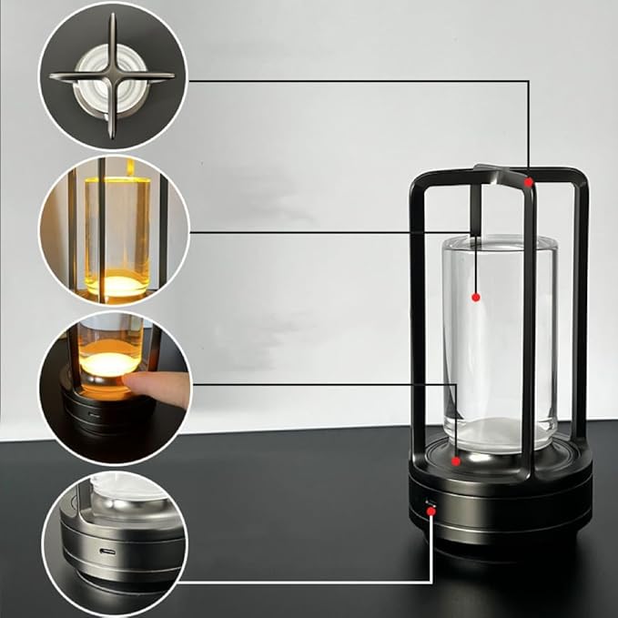 Portable Metal Table Lamp for Indoor/Outdoor ,Rechargeable Cordless LED Lamp, 3-Colour Infinitely Dimming Battery Powered Small Desk Lamp, Restaurant/Bedroom/Bar/Coffee Shop/Camping Light (Black) - Bloomnest