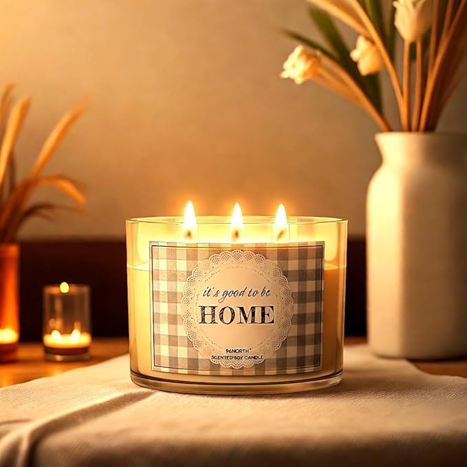 96NORTH Fresh Linen & Soft Amber Candle | Large 3 Wick Jar Candle | 12 Oz Up to 50 Hours Burning Time | 100% All Natural Soy Wax | Relaxing Aromatherapy Candle | Housewarming Gift for Women and Men - Bloomnest