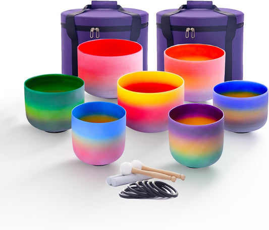 Hye-eun 432hz Crystal Singing Bowls,7-12 Inch Rainbow Colored Quartz Sound Bowl Set of 7pcs with Carrying Case for Yoga Sound Healing Instrument Meditation