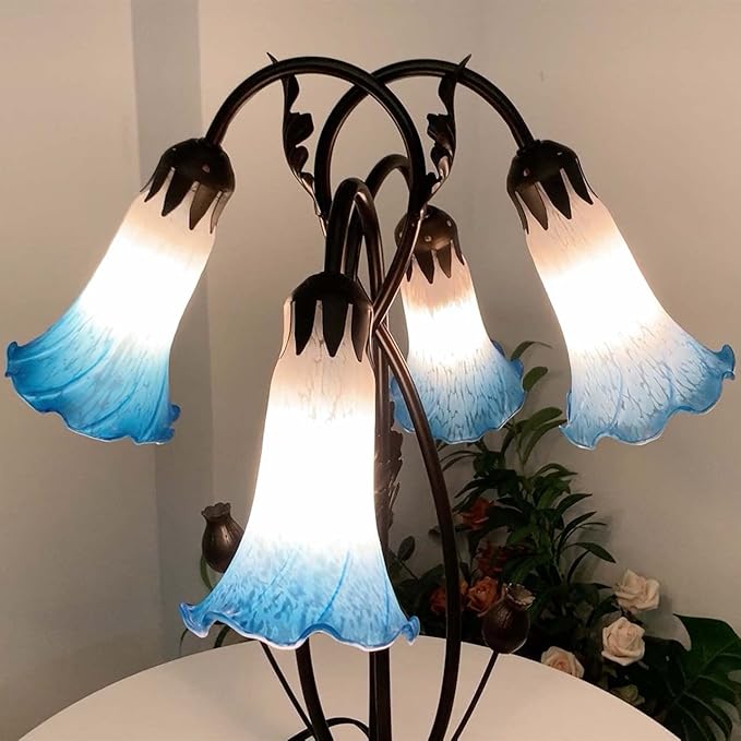 Bieye L10854 Lily Flower Blown Glass Accent Table Lamp for Living Room Bedroom Decoration (4-Light, Blue) - Bloomnest