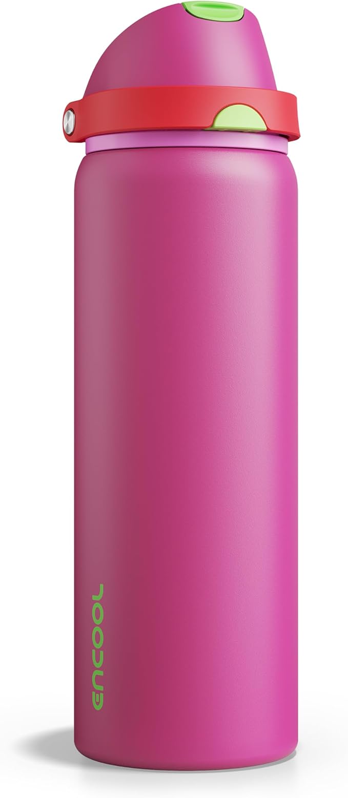 Insulated Water Bottle with Straw - Encool Stainless Steel Water Bottle with Push Button Lid, Leak-Proof & BPA-Free, Keeps Cold for 24 Hours for Sports, Travel, Gym (32 oz, Cerise Pink) ENCOOL