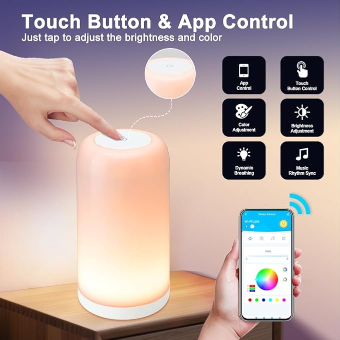 Dimmable Touch Night Light - 7 Brightness & 13 RGB Colors, Portable Bedside Lamp, Touch & App Control, Smart LED Lamp for Nursery, Reading, Decor - Bloomnest