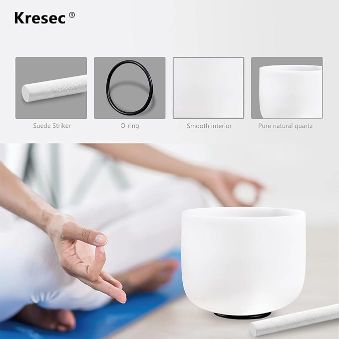 Kresec 8 Inch Crystal Singing Bowl B Note (±40 cents) Crown Chakra with O-ring and Mallet Quartz Crystal Sound Bowl for Meditation, Yoga, Spiritual and Body Healing and Energy Cleansing - Bloomnest