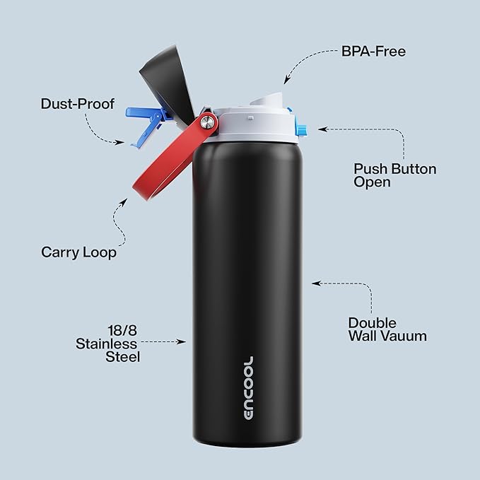 Insulated Water Bottle with Straw - Encool Stainless Steel Water Bottle with Push Button Lid, Leak-Proof & BPA-Free, Keeps Cold for 24 Hours for Sports, Travel, Gym (32 oz, Oil Black) ENCOOL
