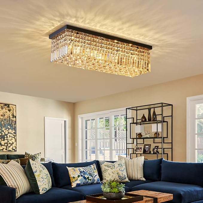Saint Mossi 22010 5-Lights Modern K9 Crystal Chandelier, Island Design, Flush Mount Ceiling Light, H9 x W10 x L31, Clear Crystal & Pearl Black Finish - Bloomnest