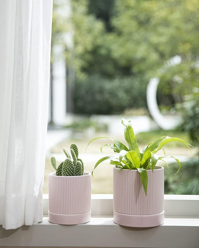 LaDoVita 3 Pack Ceramic Plant Pots 6/5/4 inch, Flowerpot for Indoor Plants with Drainage Holes and Tray, Outdoor Garden Planters, Modern Decorative for Home, Pink Vertical Stripes - Bloomnest