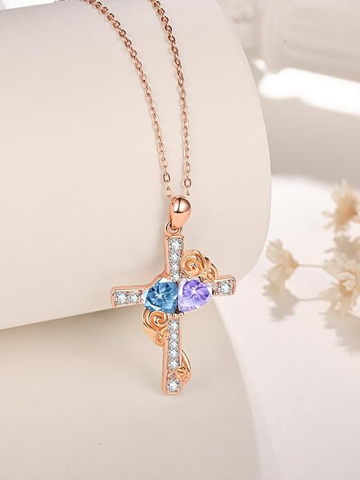 Rose Gold Dual Birthstones Cross Necklace for Women Rose Flower Jewelry Anniversary Christmas Mother's Valentine's Day Birthday Gift for Wife Girlfriend Mom - Bloomnest